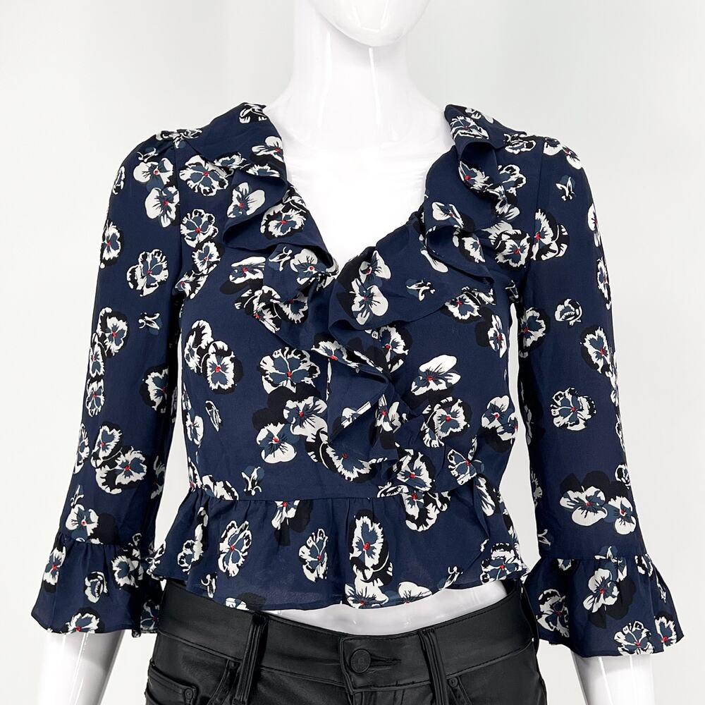 Réalisation Par Cher Pansy Wrap Top Women’s XS Navy Floral Silk Ruffle